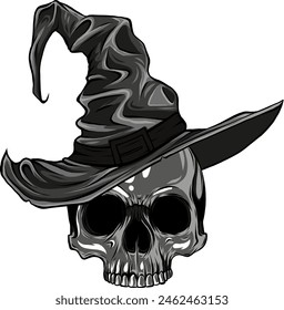Spooky skull in witch hat vector illustration isolated on white.