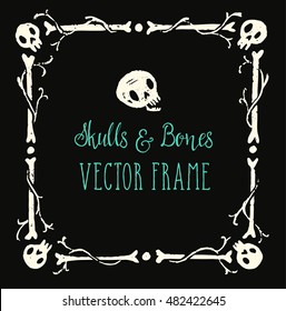 Spooky Skulls And Bones Frame. Halloween Hand-drawn Decoration. Vector Illustration.