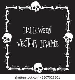 Spooky skulls and bones frame on a black background. Halloween hand-drawn decoration. Halloween frame.Vector illustration.