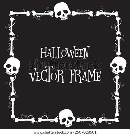 Spooky skulls and bones frame on a black background. Halloween hand-drawn decoration. Halloween frame.Vector illustration.