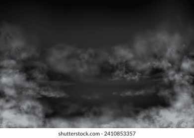 Spooky smoke or mist on ground. Vector white fog or steam vapor on floor, clubs of fluffy haze for dramatic Halloween scene. Thick condensation or gas evaporation, natural texture effect