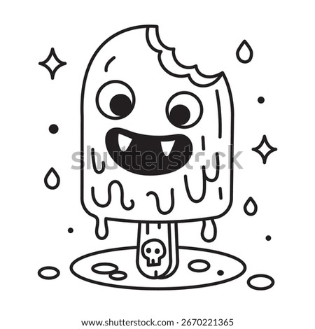 Spooky Snacks Coloring Page – Cute Halloween Popsicle with Skull Stick, Black and White Line Art