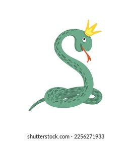 Spooky snake in crown vector illustration. Cartoon drawing of funny Halloween character isolated on white background. Halloween, fantasy concept