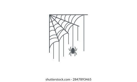 Spooky spider web in corner with small hanging spider.
