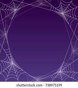 Espeluznante araña marco con fondo morado. Espacio para texto. Para afiches, banners web, tarjetas, invitaciones. Ilustración vectorial de Halloween.