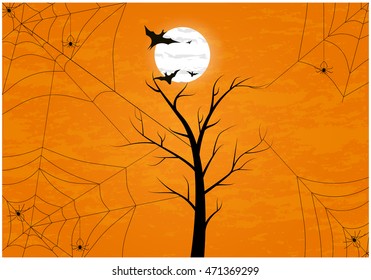 Spooky spider web hanging on tree in curvy style with cheerful background. Blank space at the bottom for design and text.