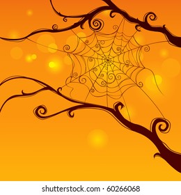 Spooky spider web hanging on tree in curvy style with cheerful background.  Blank space at the bottom for design and text.