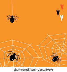 Spooky spider web with spiders in the corner as a symbol of Halloween with heart shapes