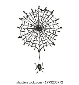 Spooky spider web with spider vector illustration for the holiday halloween. Isolated on white background, for design of cards, poster, banner. 
