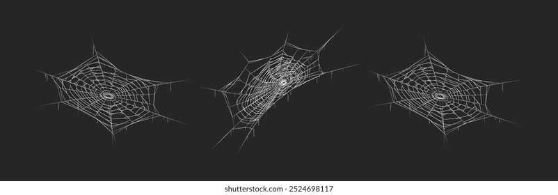 Spooky spiderweb patterns realistic icons vector set. Traditional Halloween decoration for atmospheric party 3d objects illustrations on black