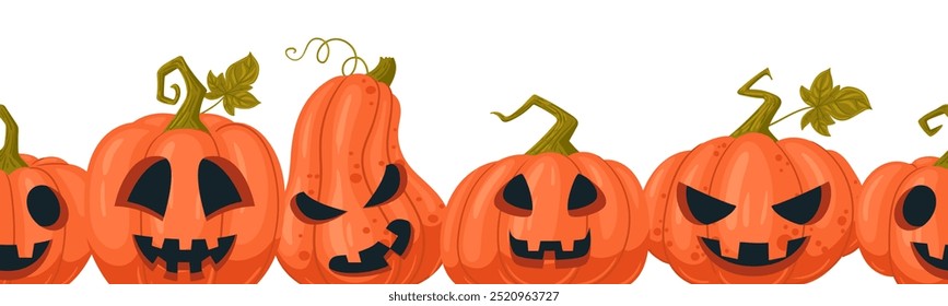 Spooky squash lanterns. Halloween pumpkin seamless poster, scary jack-o-lanterns halloween flat vector background illustration. Cartoon Halloween holiday party endless banner