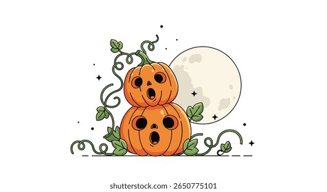 Abóboras empilhadas assustadoras sob a lua cheia noite de Halloween