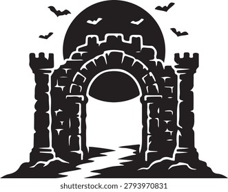 Spooky Stone Castle Archway with Flying Bats and Full Moon Silhouette