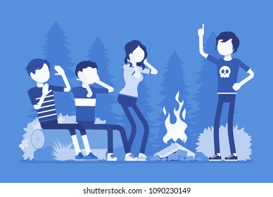Spooky story near campfire fun. Teens tell in dark sinister or ghostly tale about creepy horrors, frightened and nervous friends camping at night near fire. Vector illustration, faceless characters