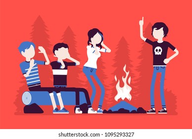 Spooky story near campfire fun. Teens tell in dark sinister or ghostly tale about creepy horrors, frightened and nervous friends camping at night near fire. Vector illustration, faceless characters