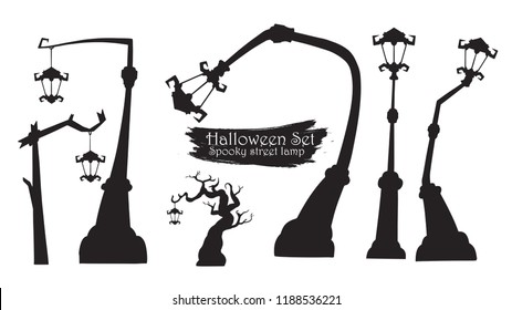 Spooky street lamp silhouette collection of Halloween vector isolated on white background. scary, haunted and creepy curly plant with lantern element