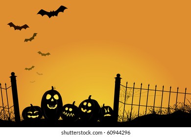 Spooky sunset with Jack O'Lanterns, bats, and fence with cobwebs. Highly detailed shading on pumpkins, intricate cobweb on fence, grasses and detailed background.