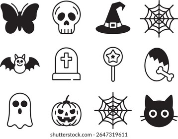 Spooky and Sweet Halloween Icons A Collection of Classic Symbols in Black and White Line Art Style