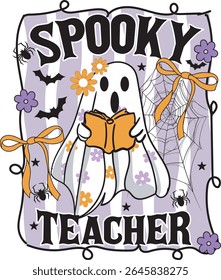 Spooky Teacher Halloween Retro Cute Teacher Ghost Preppy Spooky T shirt Design