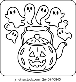 Spooky Teapot with Ghosts Coloring Page