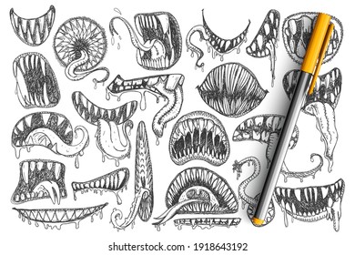 Spooky teeth and mouth doodle set. Collection of hand drawn scary mouth, teeth, tongue as snake or as tattoos isolated on transparent background