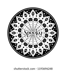 Spooky text on the Halloween round card with sculls and pumpkins. Сelebration banner or sticker