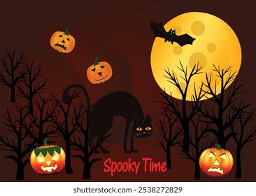 Spooky time black cat, pumpkins and moon illustration october seasonal holidays