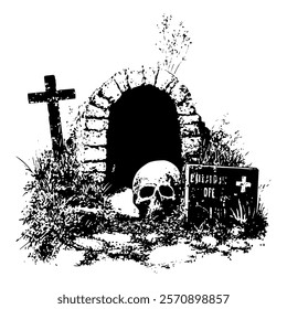 spooky tomb illustration with skull and cross and gravestone, perfect for Halloween, horror, or artistic designs