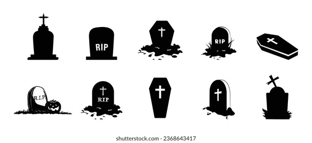 Spooky tombstone vector illustration. RIP gravestone for Halloween, cemetery or tomb, stone crosses on white background. Halloween, funeral concept design.