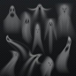Spooky Transparent Halloween Ghost Isolated Vector Set. Horro Evil Demon Souls