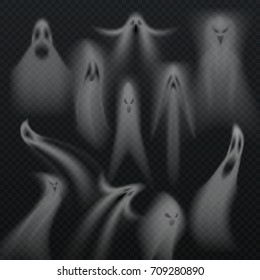 Spooky transparent halloween ghost isolated vector set. Horro evil demon souls