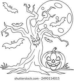 Spooky tree with bat hand drawn. Halloween Outline Coloring Page