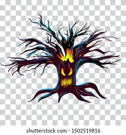 Spooky tree with creepy face vector hand drawn illustration