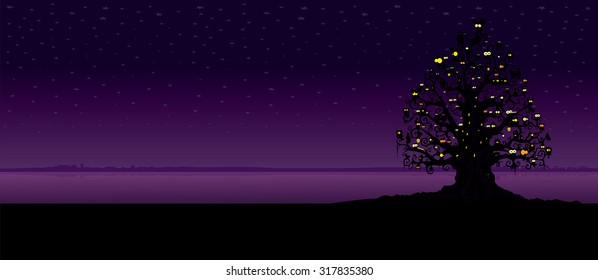 Spooky tree filled with different creatures.Imaginary night scene illustration.Horizontal banner design
