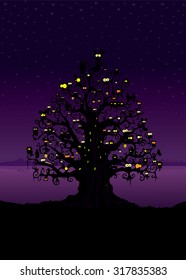 Spooky tree filled with different creatures.Imaginary night scene illustration