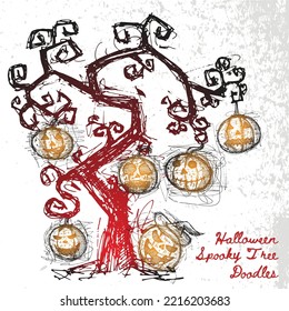 Spooky tree halloween hand drawn doodles