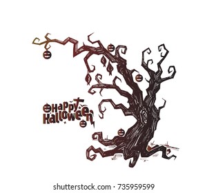 Spooky Tree with hanging pumpkin Happy halloween background.