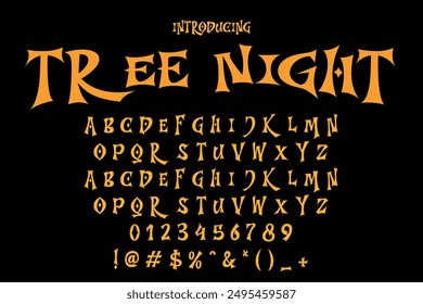 Spooky tree night Halloween font vector illustration featuring eerie, twisted letters. Perfect for Halloween invitations, posters, and decorations.