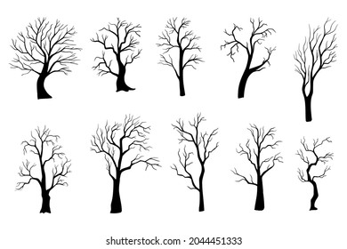 Espléndido vector de silueta de árbol aislado en blanco. Conjunto de árboles de Halloween.