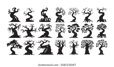 Spooky Tree Silhouettes Isolated White Background