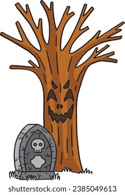 Spooky Tree and Tomb Cartoon Colored Clipart 