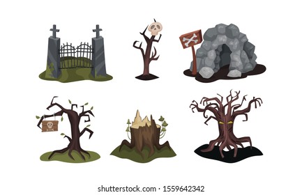 Spooky Trees, Cemetery Entrance Gate and Monster Cave. Halloween Vector Illustration Set Isolated On White Background