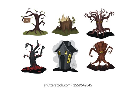Spooky Trees And House Of Horrors. Halloween Vector Illustration Set Isolated On White Background