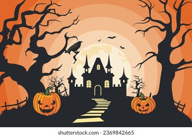 Spooky trees and house silhouettes, Halloween pumpkins illustration.