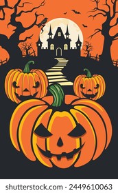 Spooky trees and house silhouettes, Halloween pumpkins illustration.