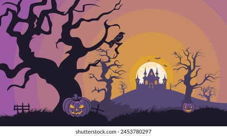 Spooky trees and house silhouettes, Halloween pumpkins illustration.