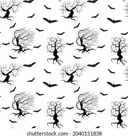 Spooky trees seamless pattern isolated vector illustration. Black silhouettes of plants and bats on a white background. Halloween endless repeated print.