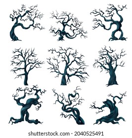 Spooky trees set with halloween symbols realistic isolated vector illustration