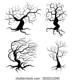 Spooky trees set vector illustration. Halloween black plants collection isolated on white background.