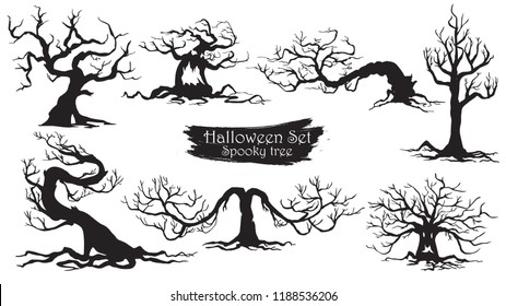 Spooky Trees Silhouette Collection Of Halloween Vector Isolated On White Background. Scary, Haunted And Creepy Curly Plant Element